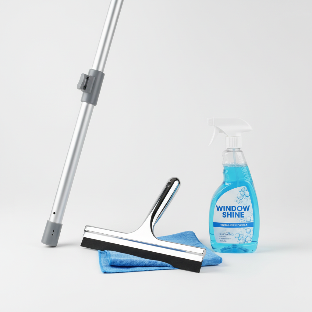 Window cleaning kit with squeegee, extension pole, and spray bottle on white background