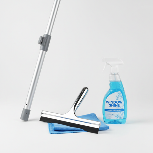 Window cleaning kit with squeegee, extension pole, and spray bottle on white background