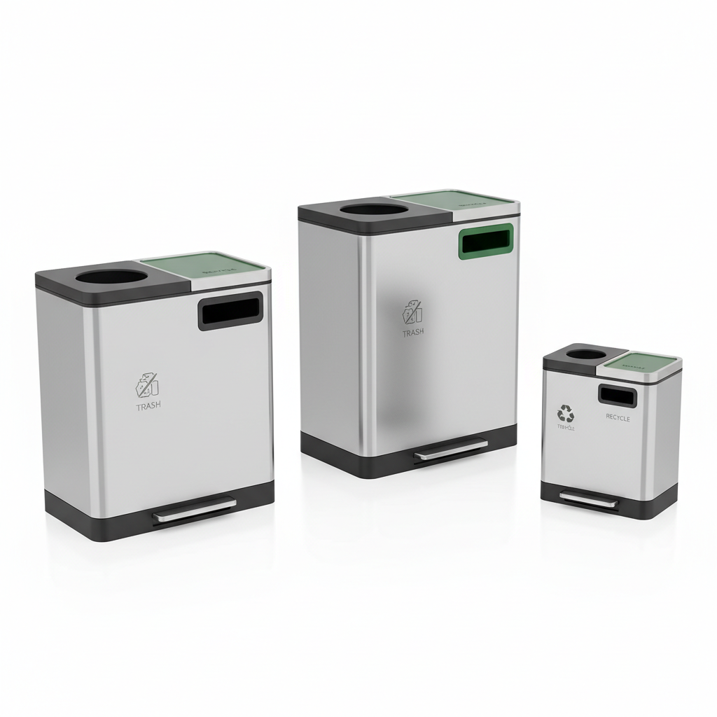Modern trash and recycling bins with separate compartments in multiple sizes on white background