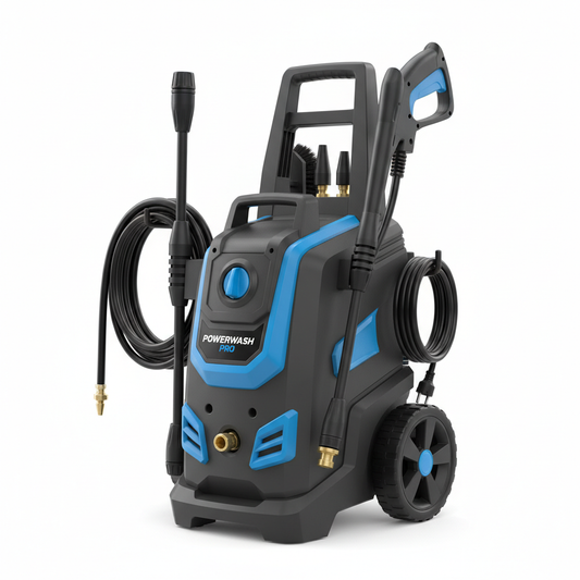 High-powered pressure washer with spray gun and hose on white background