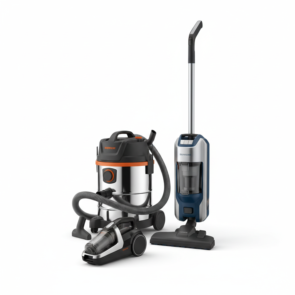 Collection of handheld, upright, and wet/dry vacuum cleaners on white background