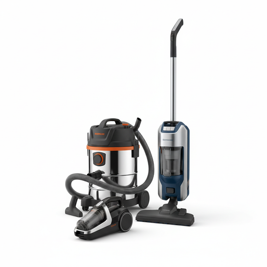 Collection of handheld, upright, and wet/dry vacuum cleaners on white background