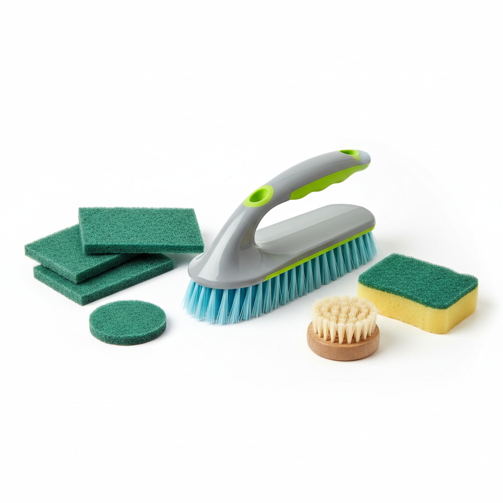 Scrub brushes and scouring pads in various sizes on white background